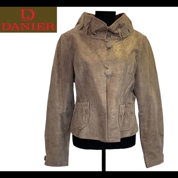 DANIER tan gold shimmer ruffled high neck leather jacket size medium - Picture 1 of 14
